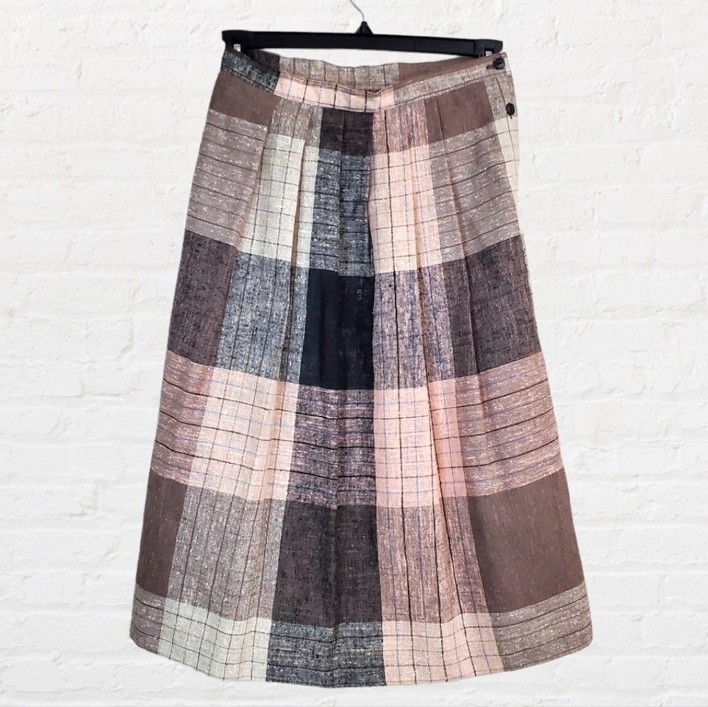 Vintage "Mister Leonard" Preppy Academia Pink Plaid Mid Length Skirt Size 28